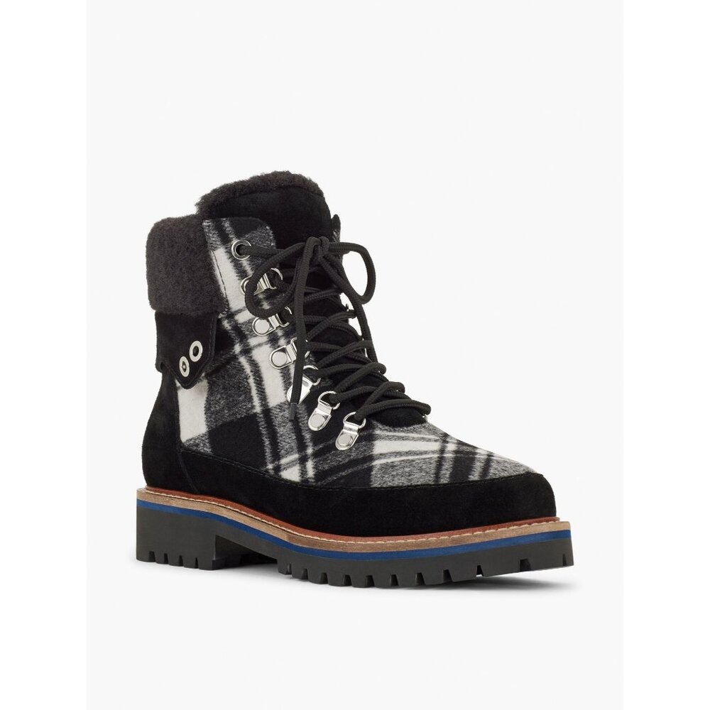 Talbots Jilly Hike Black & Ivory Plaid Lace-Up Ankle Boots Faux Size 7.5M